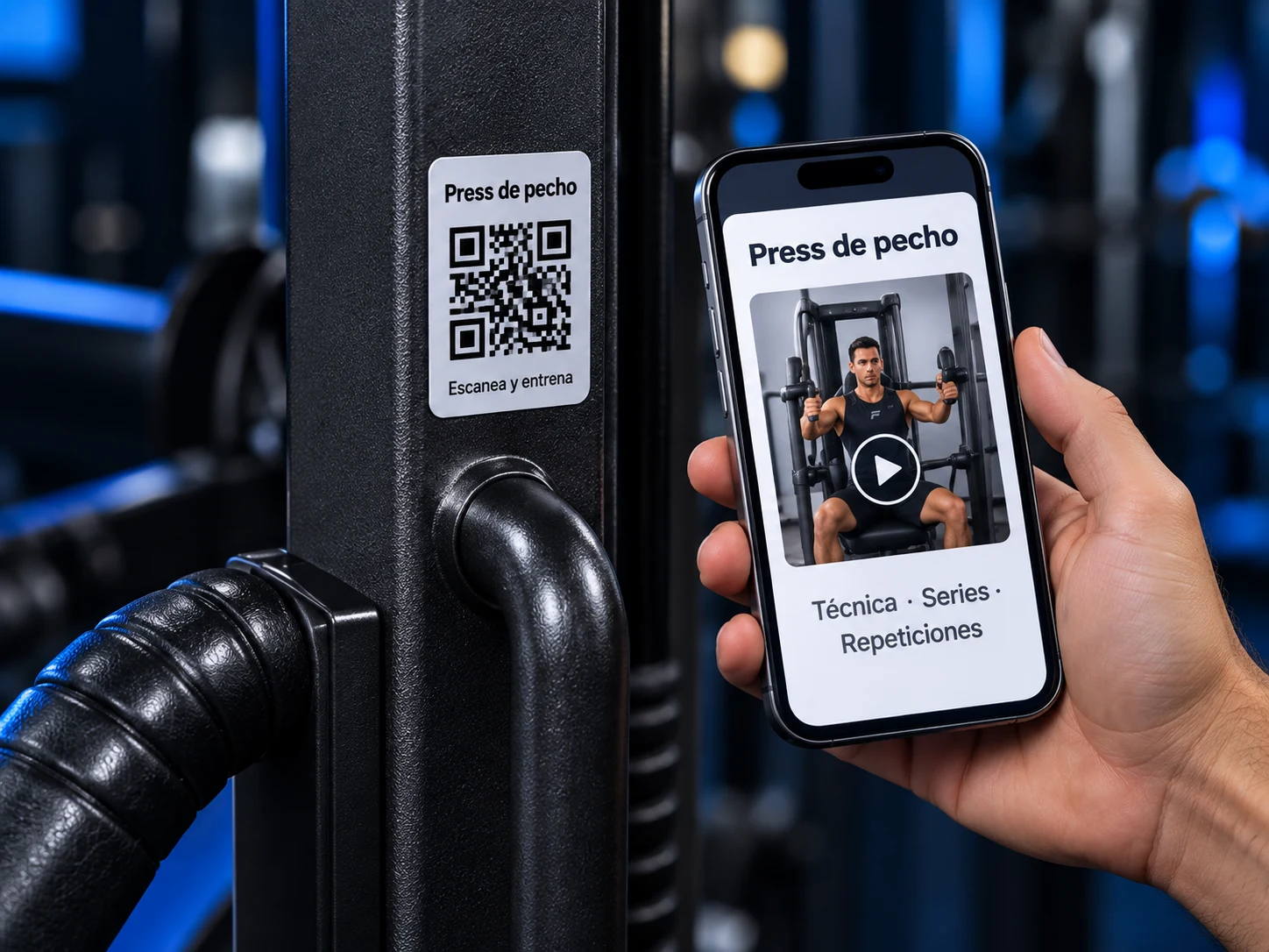 Ilustración de uso: una guía de ejercicio junto al QR de una máquina