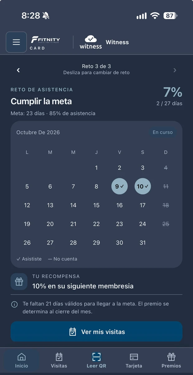 Captura real de Card con calendario, días de asistencia y avance de un reto